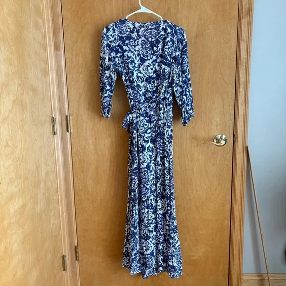 Raga Womens Blue White Floral Ikat Viscose Wrap Maxi Dress Size M 3/4 Sleeve - Picture 5 of 9